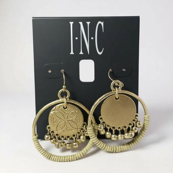 INC Gold Boho Hoop Earrings Engraved Medallion Fringe | New With Tags - Picture 1 of 3